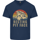 Resting Pit Bull Face Funny Dog Puppy Mens V-Neck Cotton T-Shirt Navy Blue