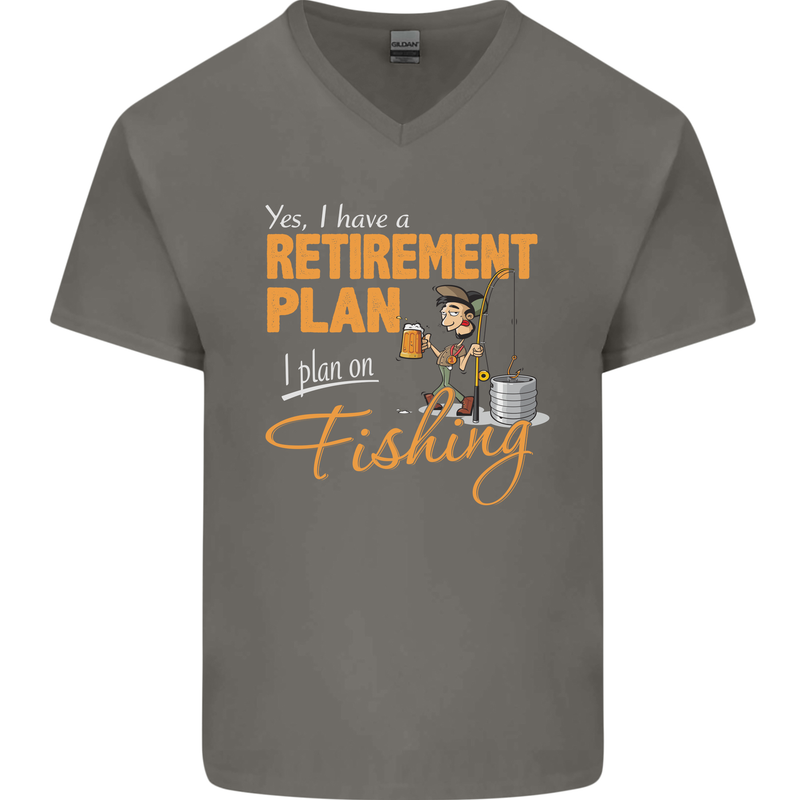 Retirement Plan Fishing Funny Fisherman Mens V-Neck Cotton T-Shirt Charcoal