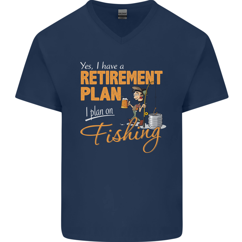 Retirement Plan Fishing Funny Fisherman Mens V-Neck Cotton T-Shirt Navy Blue
