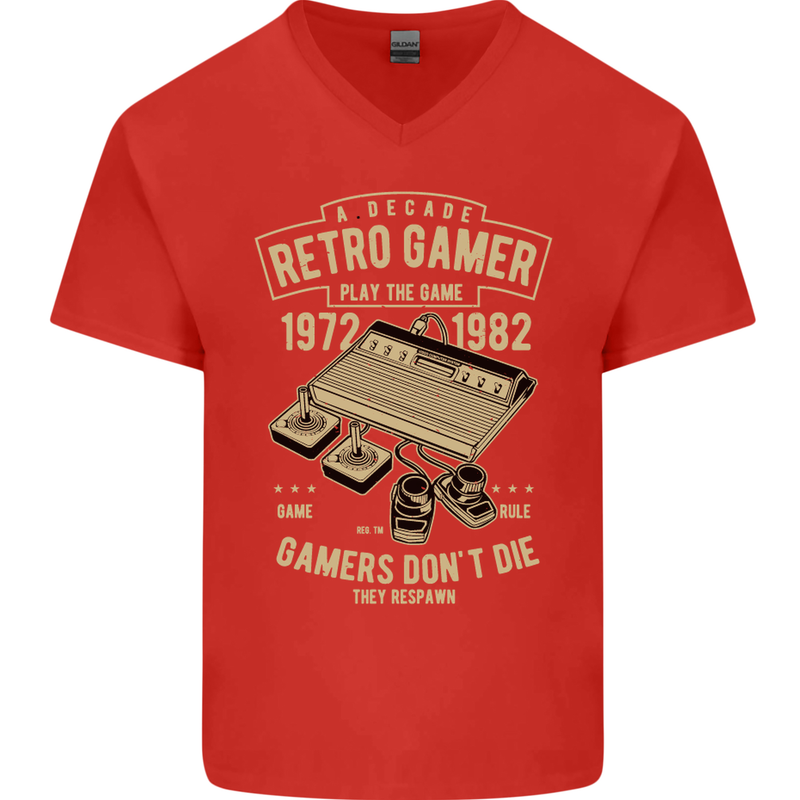 Retro Gamer Funny Gaming Mens V-Neck Cotton T-Shirt Red