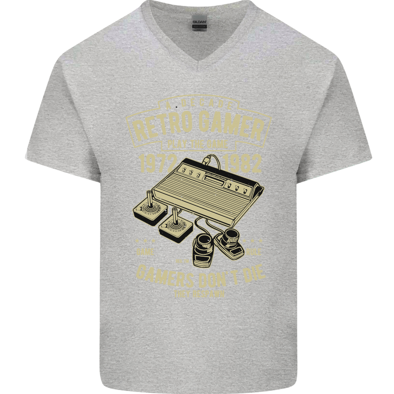 Retro Gamer Funny Gaming Mens V-Neck Cotton T-Shirt Sports Grey