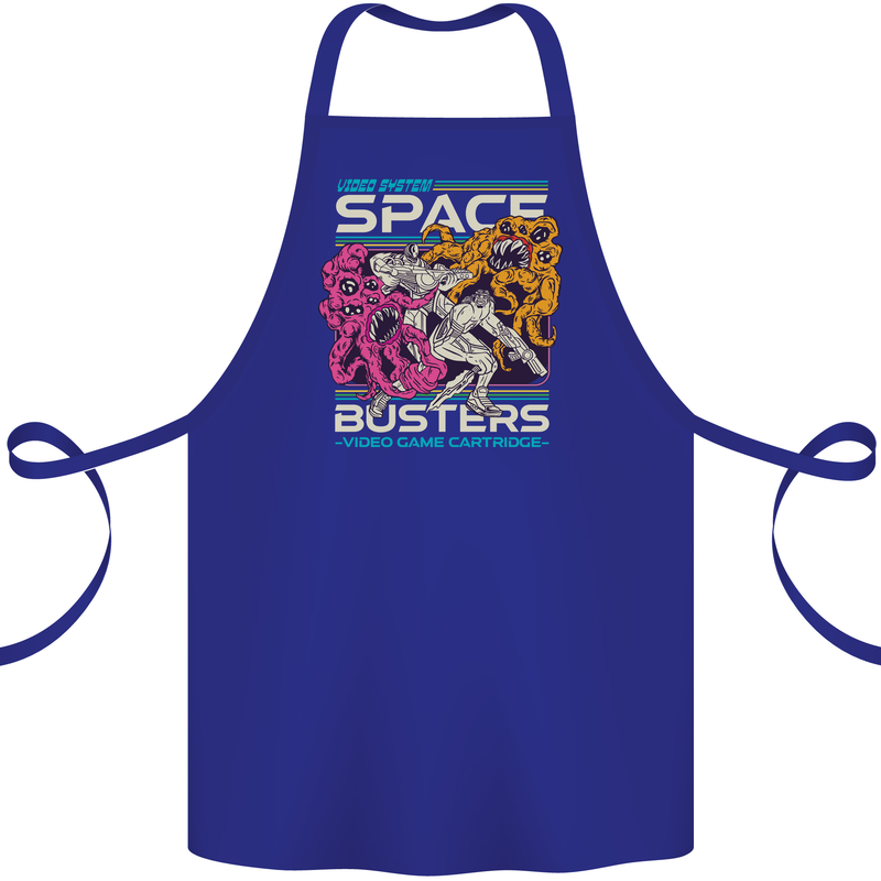 Retro Space Video Game Arcade Alien Cotton Apron 100% Organic Royal Blue