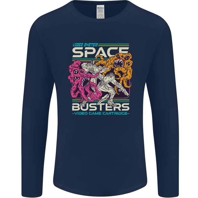 Retro Space Video Game Arcade Alien Mens Long Sleeve T-Shirt Navy Blue