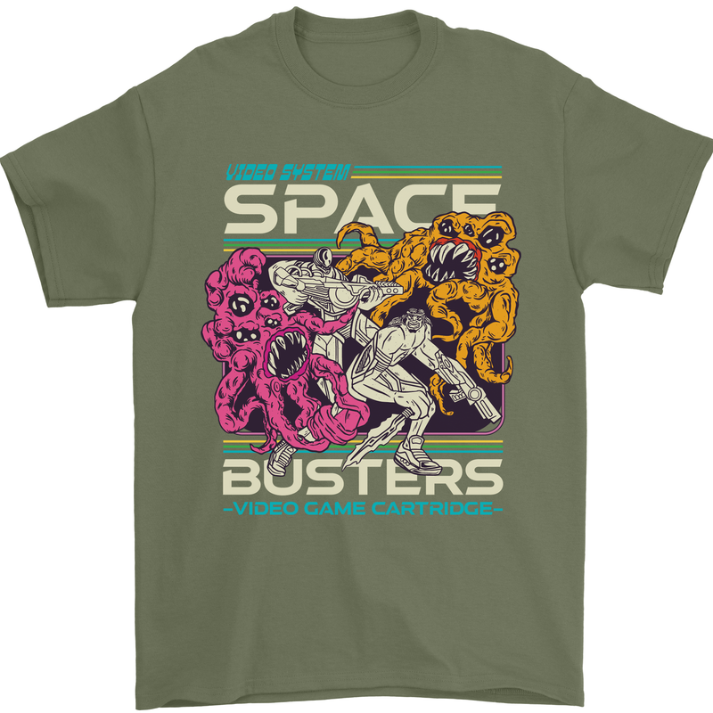Retro Space Video Game Arcade Alien Mens T-Shirt 100% Cotton Military Green