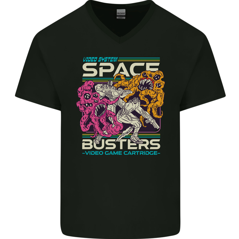 Retro Space Video Game Arcade Alien Mens V-Neck Cotton T-Shirt Black