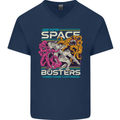 Retro Space Video Game Arcade Alien Mens V-Neck Cotton T-Shirt Navy Blue