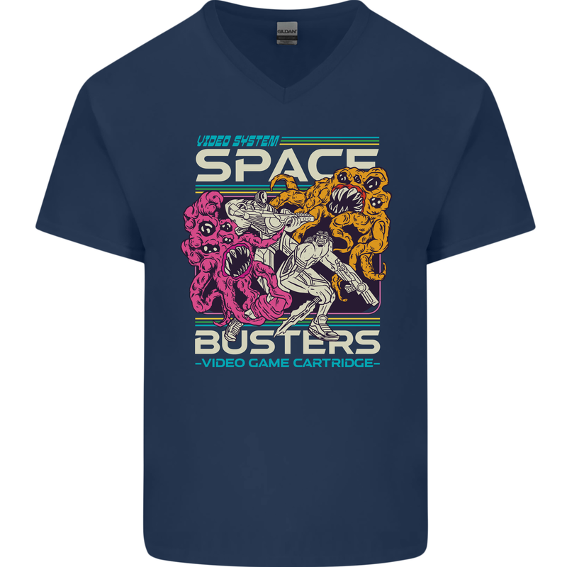 Retro Space Video Game Arcade Alien Mens V-Neck Cotton T-Shirt Navy Blue