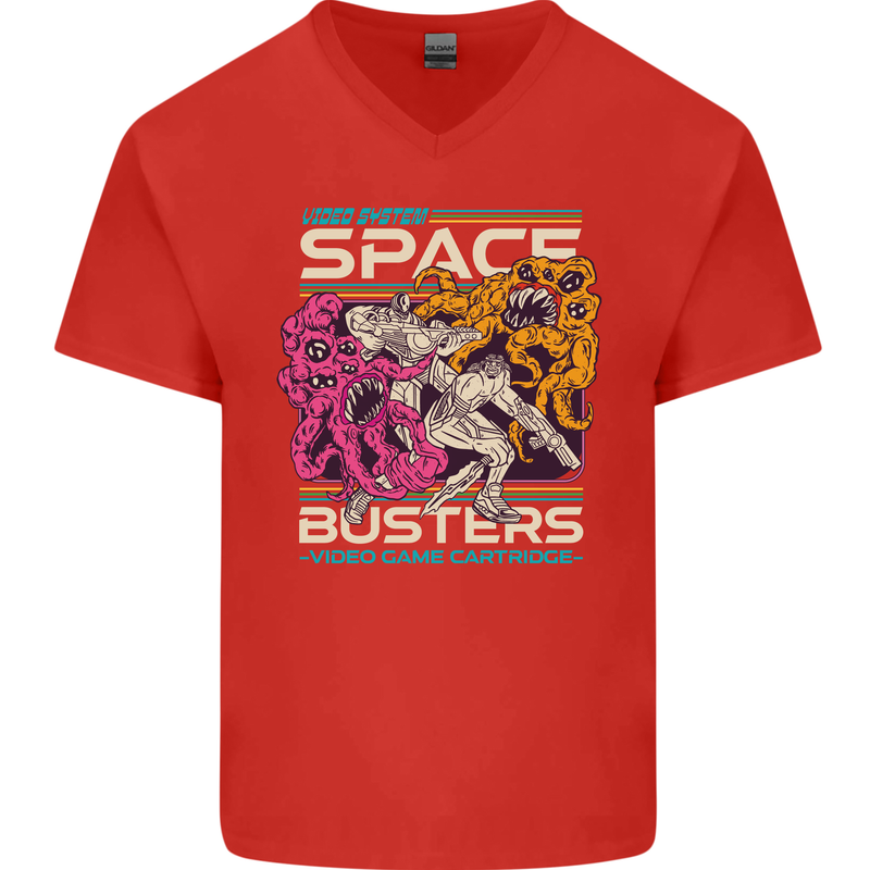 Retro Space Video Game Arcade Alien Mens V-Neck Cotton T-Shirt Red