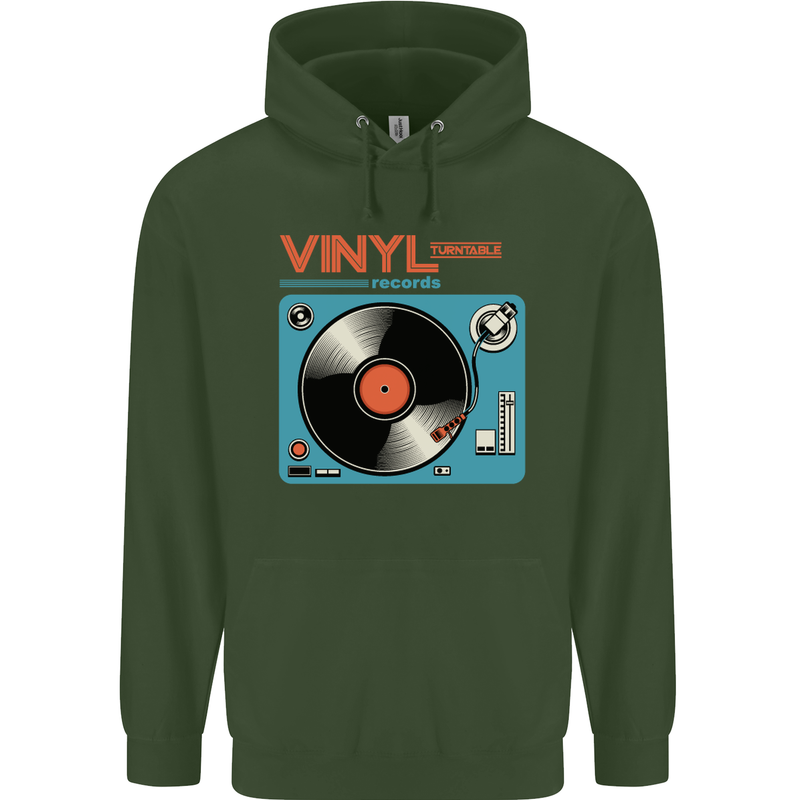 Retro Vinyl Records Turntable DJ Music Childrens Kids Hoodie Forest Green