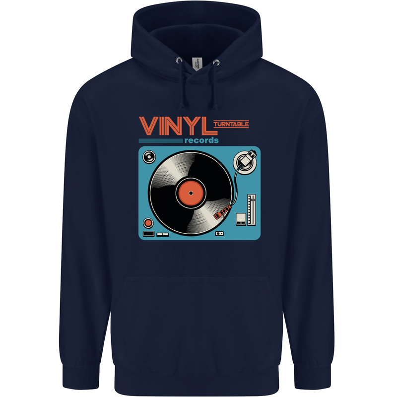 Retro Vinyl Records Turntable DJ Music Childrens Kids Hoodie Navy Blue