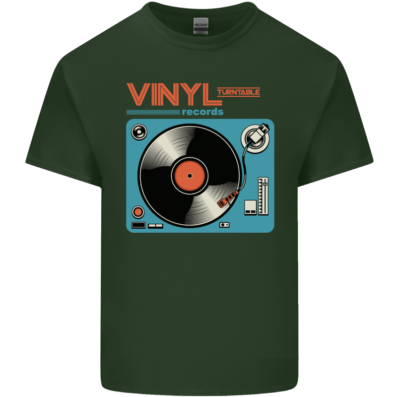 Retro Vinyl Records Turntable DJ Music Mens Cotton T-Shirt Tee Top Forest Green