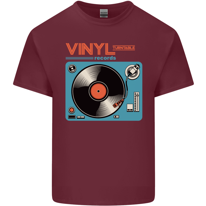 Retro Vinyl Records Turntable DJ Music Mens Cotton T-Shirt Tee Top Maroon