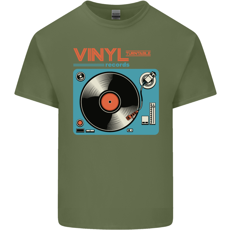 Retro Vinyl Records Turntable DJ Music Mens Cotton T-Shirt Tee Top Military Green