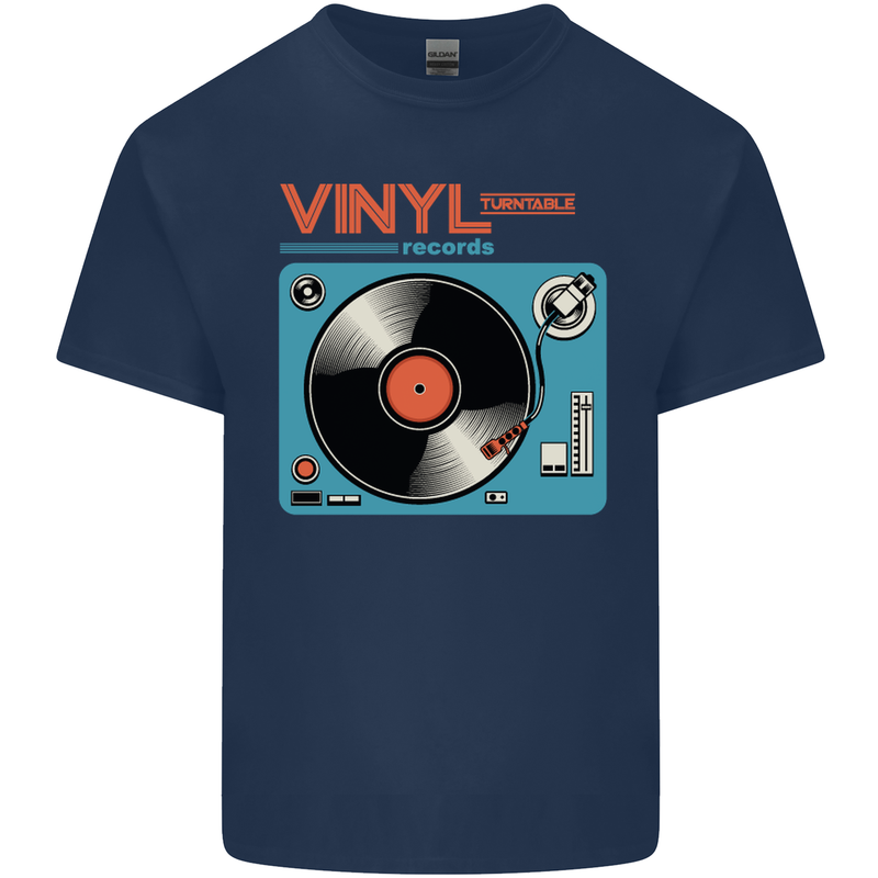 Retro Vinyl Records Turntable DJ Music Mens Cotton T-Shirt Tee Top Navy Blue