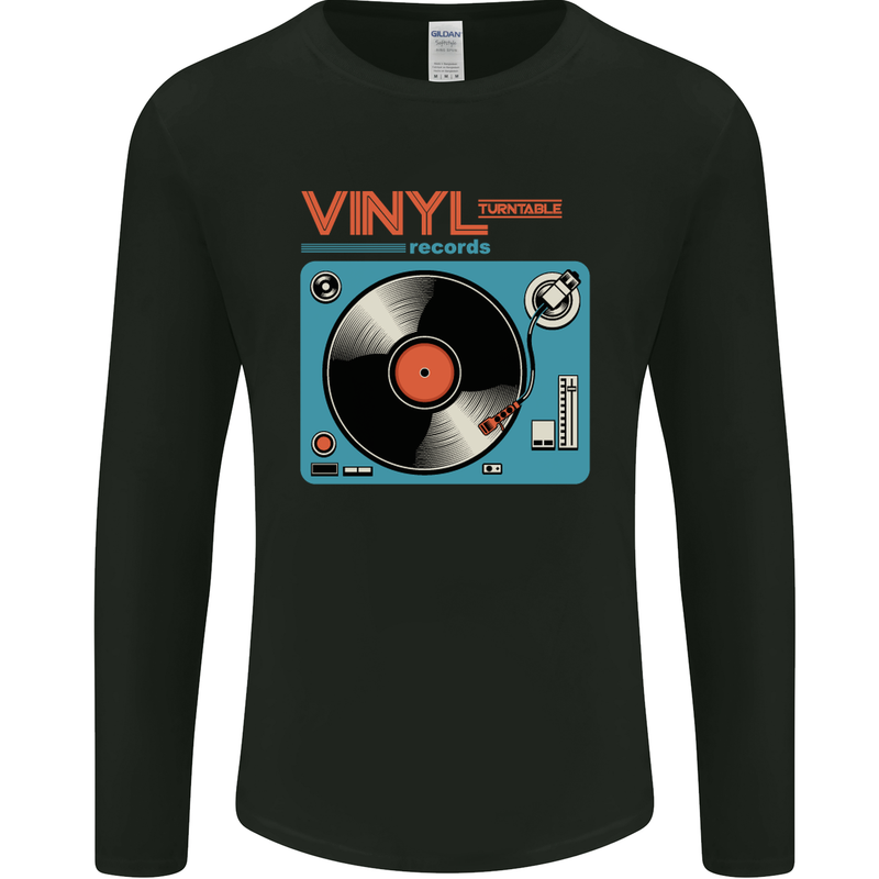 Retro Vinyl Records Turntable DJ Music Mens Long Sleeve T-Shirt Black