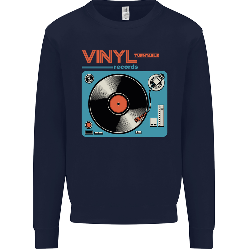 Retro Vinyl Records Turntable DJ Music Mens Sweatshirt Jumper Navy Blue
