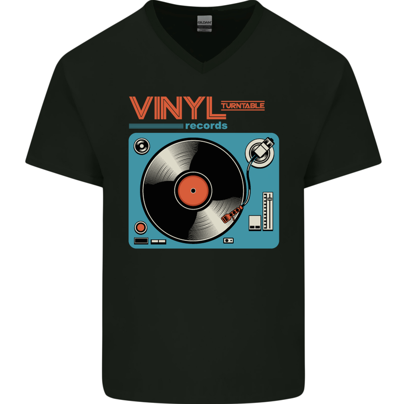 Retro Vinyl Records Turntable DJ Music Mens V-Neck Cotton T-Shirt Black