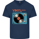 Retro Vinyl Records Turntable DJ Music Mens V-Neck Cotton T-Shirt Navy Blue