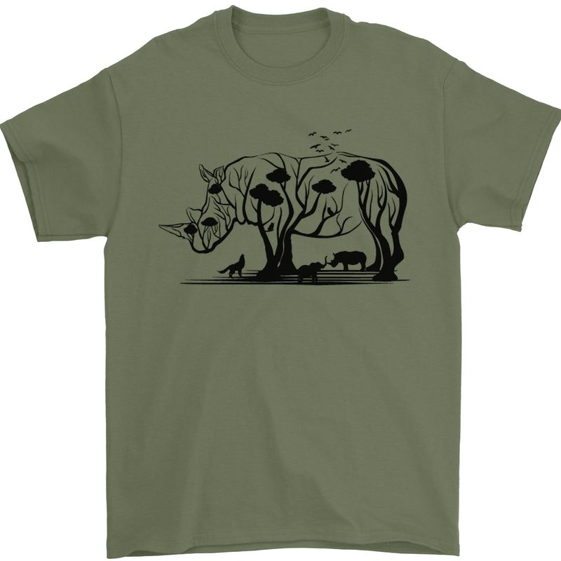 Rhino Ecology Rhinoceroses Mens T-Shirt Cotton Gildan Military Green