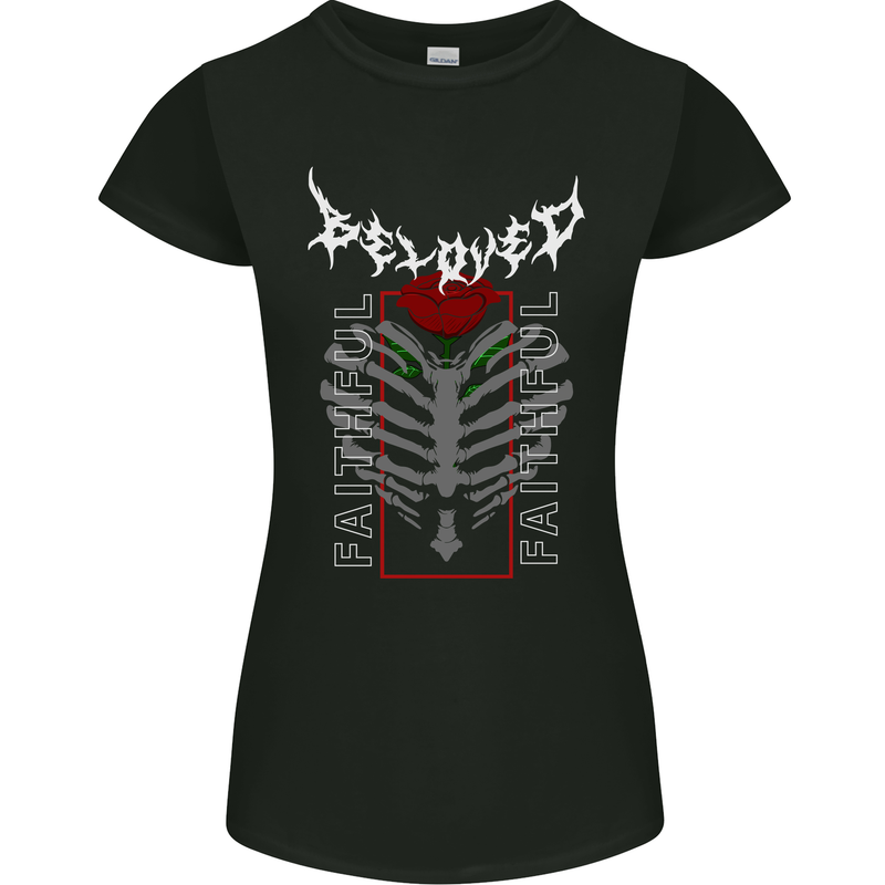 Rib Cage Beloved Gothic Heavy Metal Biker Womens Petite Cut T-Shirt Black