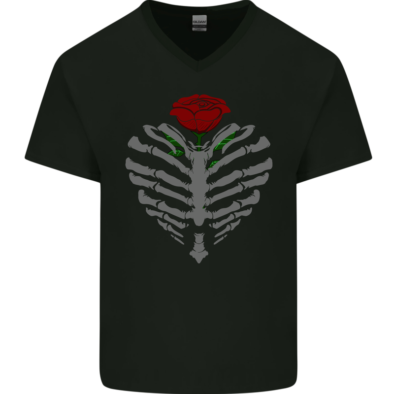 Rib Cage & Rose Gothic Heavy Metal Biker Mens V-Neck Cotton T-Shirt Black