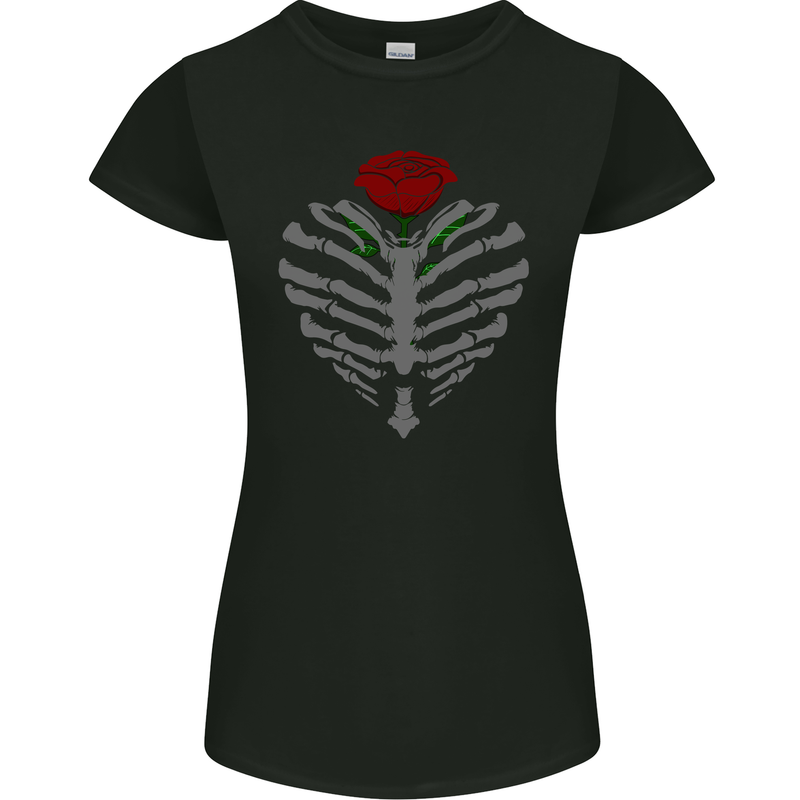 Rib Cage & Rose Gothic Heavy Metal Biker Womens Petite Cut T-Shirt Black