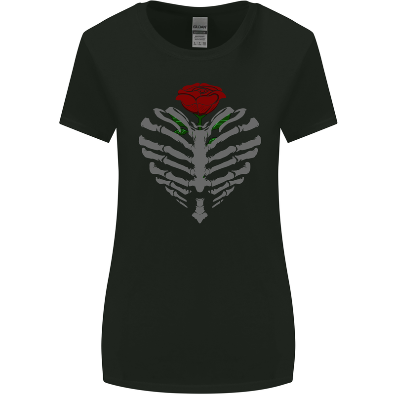 Rib Cage & Rose Gothic Heavy Metal Biker Womens Wider Cut T-Shirt Black