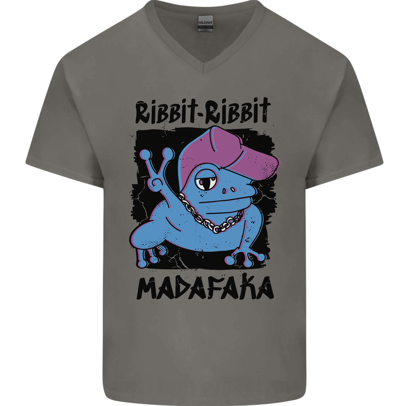 Ribbit Madafaka Funny Gangsta Frog Mens V-Neck Cotton T-Shirt Charcoal