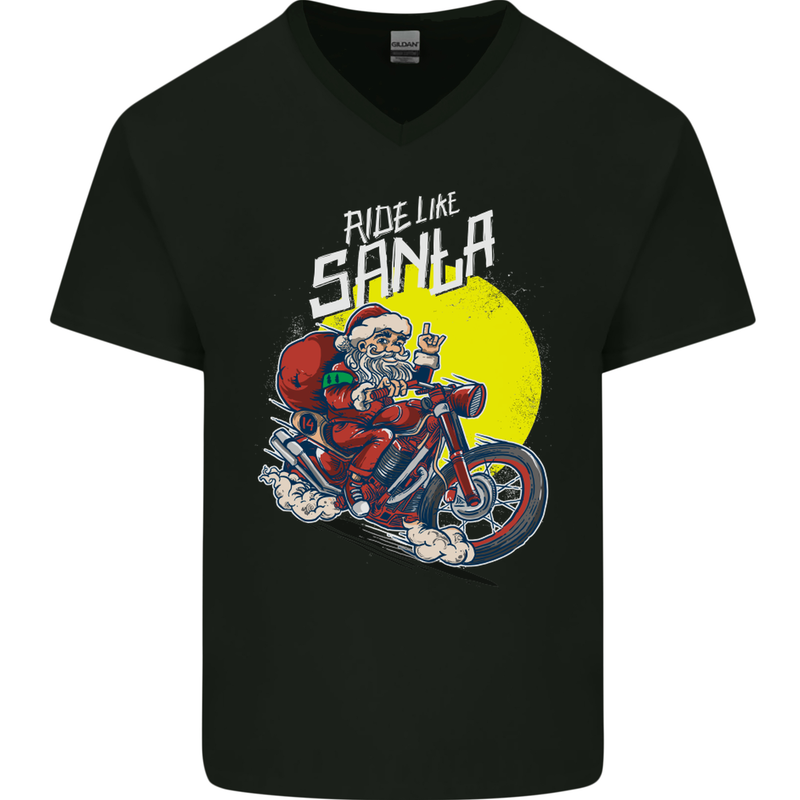 Ride Like Santa Biker Motorcycle Christmas Mens V-Neck Cotton T-Shirt Black