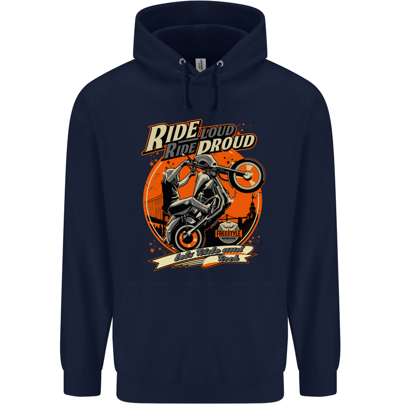 Ride Loud Ride Proud Motorbike Biker Mens 80% Cotton Hoodie Navy Blue