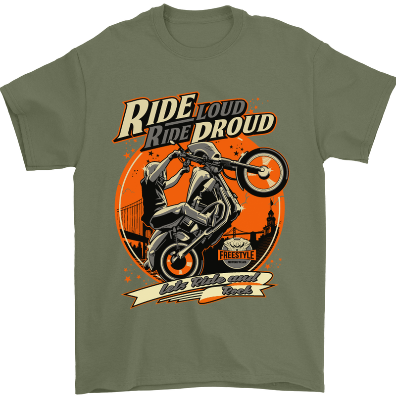 Ride Loud Ride Proud Motorbike Biker Mens T-Shirt Cotton Gildan Military Green