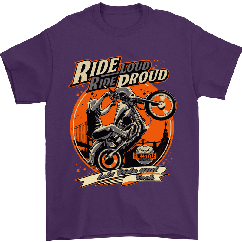 Ride Loud Ride Proud Motorbike Biker Mens T-Shirt Cotton Gildan Purple