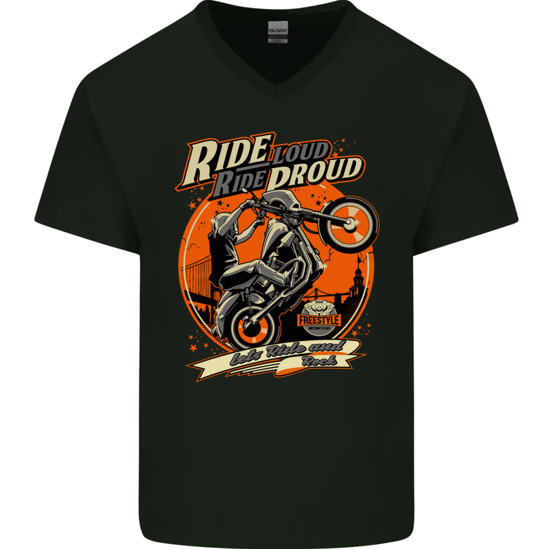 Ride Loud Ride Proud Motorbike Biker Mens V-Neck Cotton T-Shirt Black