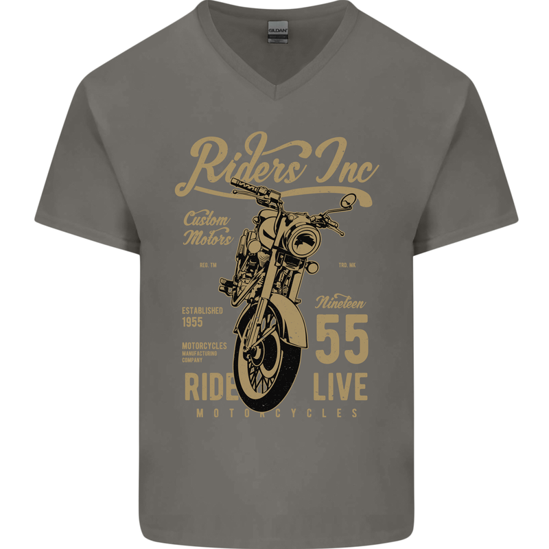 Riders Inc Motorcycle Cafe Racer Biker Bike Mens V-Neck Cotton T-Shirt Charcoal