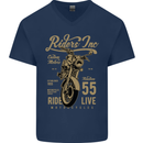Riders Inc Motorcycle Cafe Racer Biker Bike Mens V-Neck Cotton T-Shirt Navy Blue