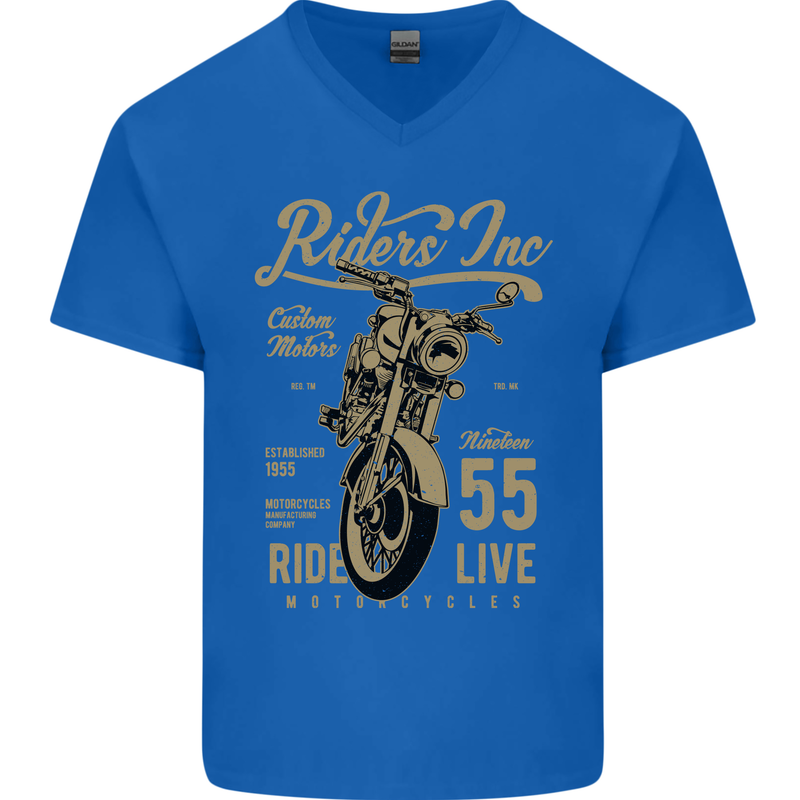 Riders Inc Motorcycle Cafe Racer Biker Bike Mens V-Neck Cotton T-Shirt Royal Blue