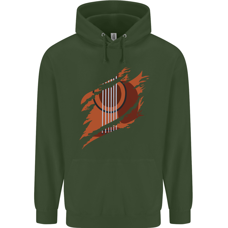 Ripped Torn Acoustic Guitar Music Funny Childrens Kids Hoodie Forest Green