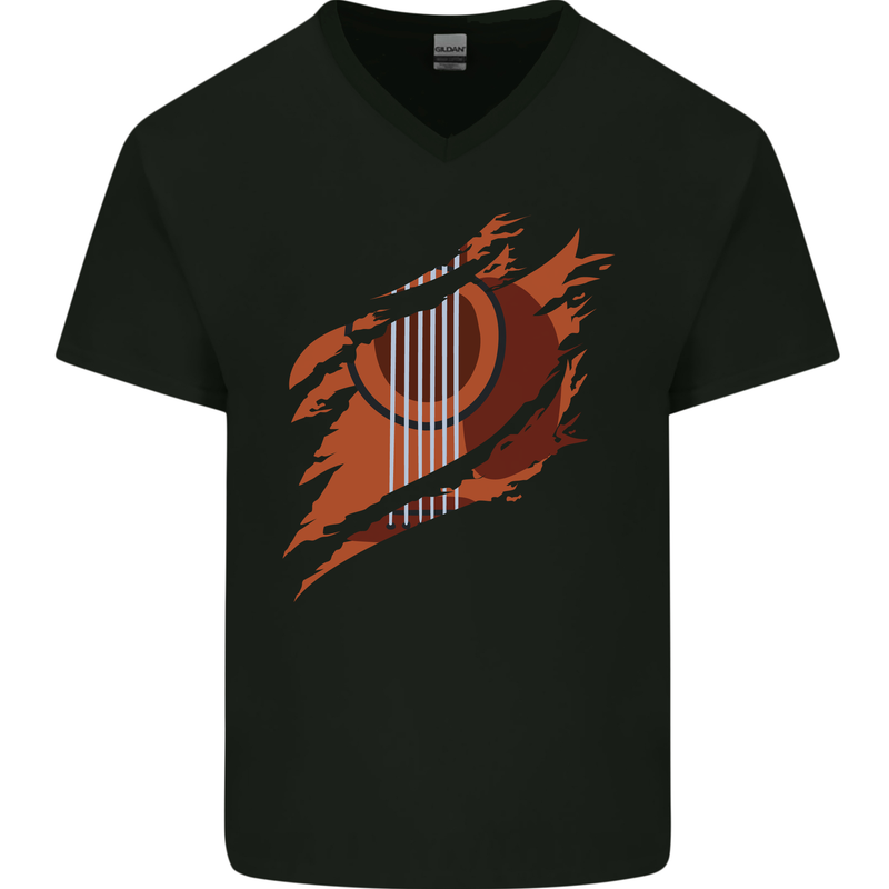 Ripped Torn Acoustic Guitar Music Funny Mens V-Neck Cotton T-Shirt Black