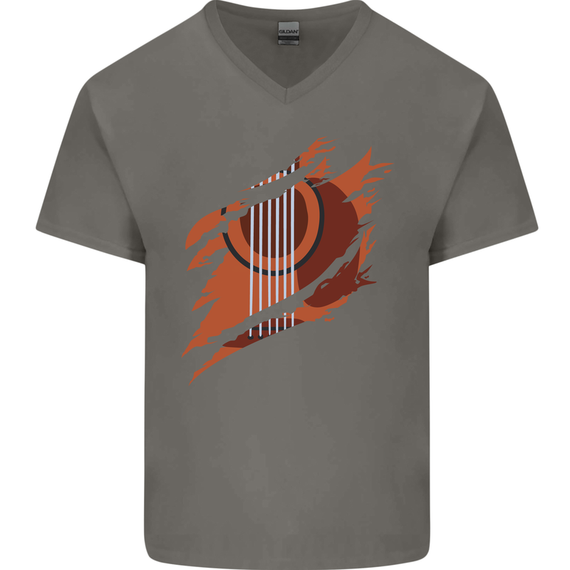 Ripped Torn Acoustic Guitar Music Funny Mens V-Neck Cotton T-Shirt Charcoal