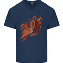 Ripped Torn Acoustic Guitar Music Funny Mens V-Neck Cotton T-Shirt Navy Blue