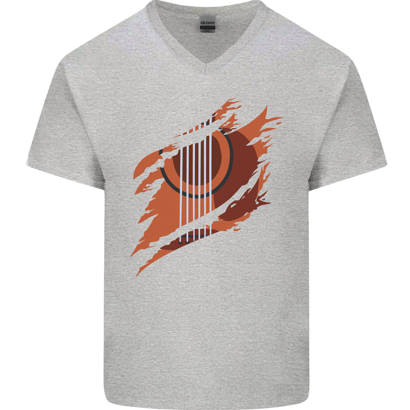 Ripped Torn Acoustic Guitar Music Funny Mens V-Neck Cotton T-Shirt Sports Grey