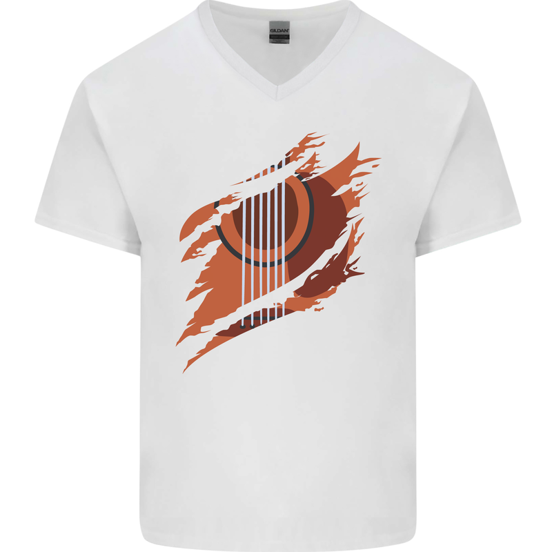 Ripped Torn Acoustic Guitar Music Funny Mens V-Neck Cotton T-Shirt White