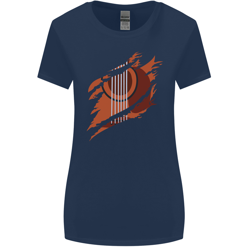 Ripped Torn Acoustic Guitar Music Funny Womens Wider Cut T-Shirt Navy Blue
