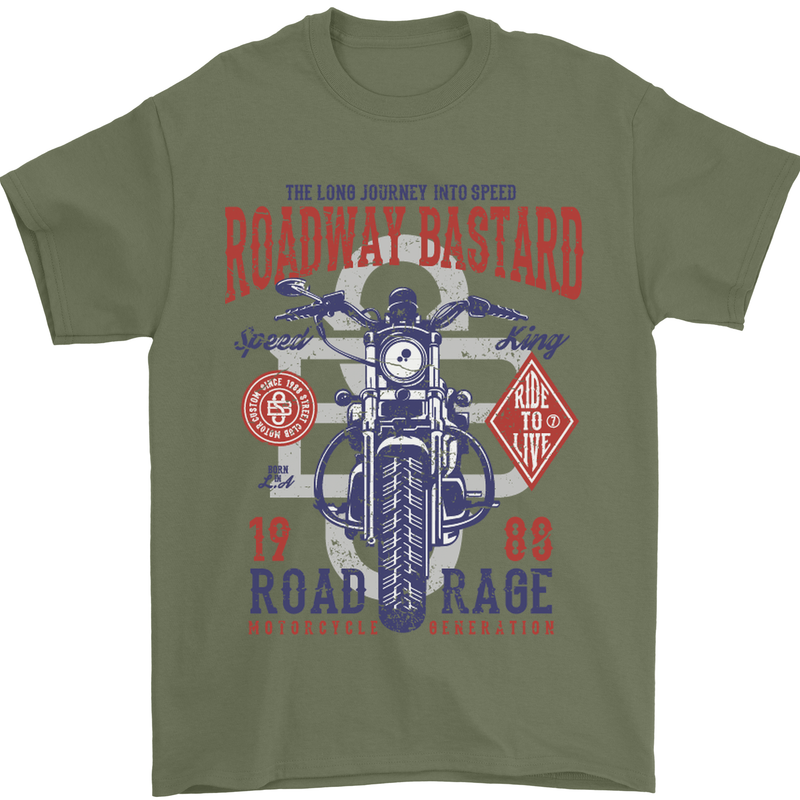 Roadway Bastard Motorcycle Biker Motorbike Mens T-Shirt Cotton Gildan Military Green