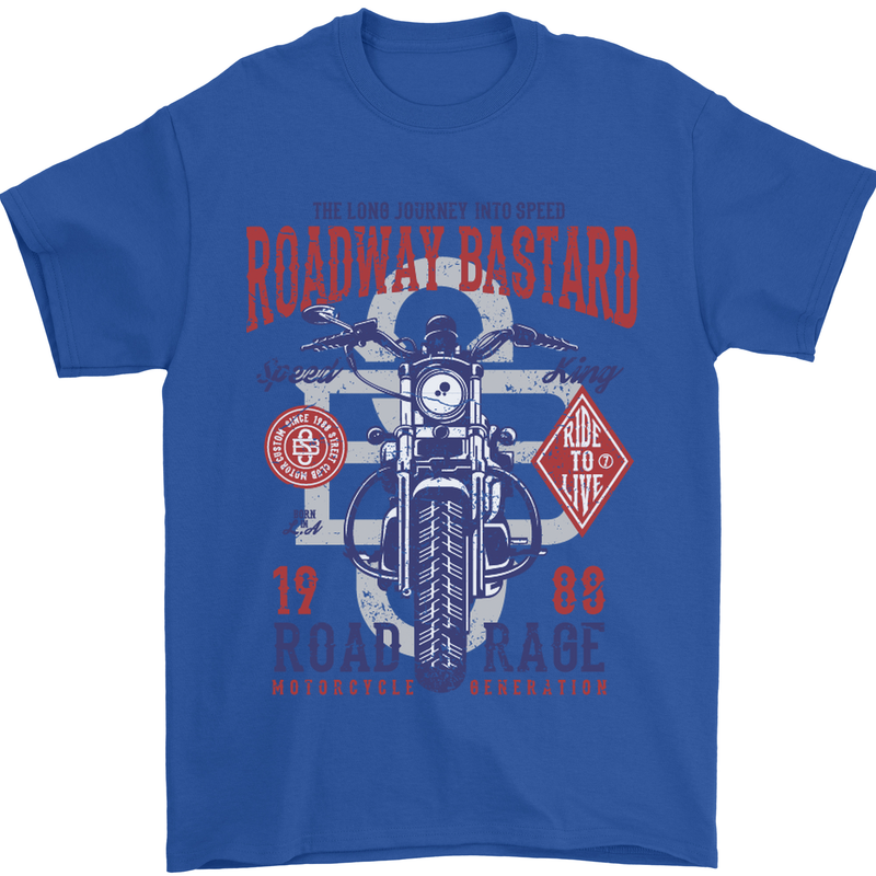 Roadway Bastard Motorcycle Biker Motorbike Mens T-Shirt Cotton Gildan Royal Blue