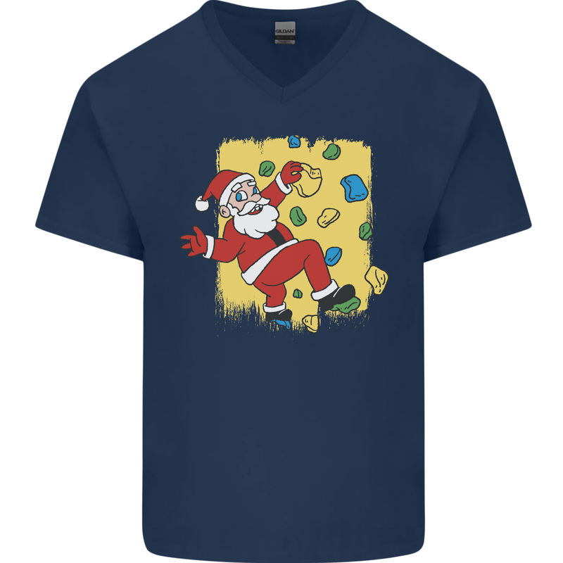 Rock Climbing Santa Funny Christmas Climber Mens V-Neck Cotton T-Shirt Navy Blue