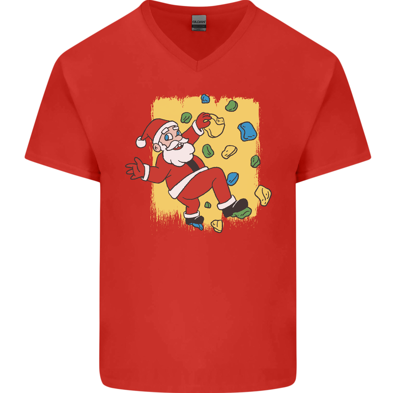 Rock Climbing Santa Funny Christmas Climber Mens V-Neck Cotton T-Shirt Red