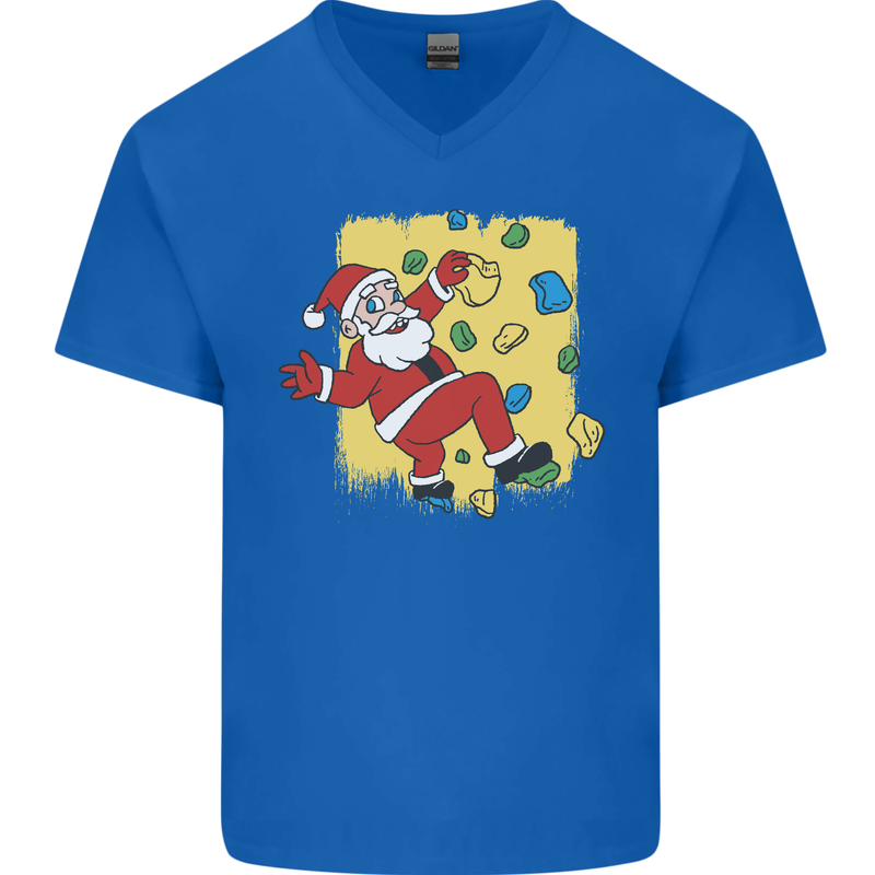 Rock Climbing Santa Funny Christmas Climber Mens V-Neck Cotton T-Shirt Royal Blue