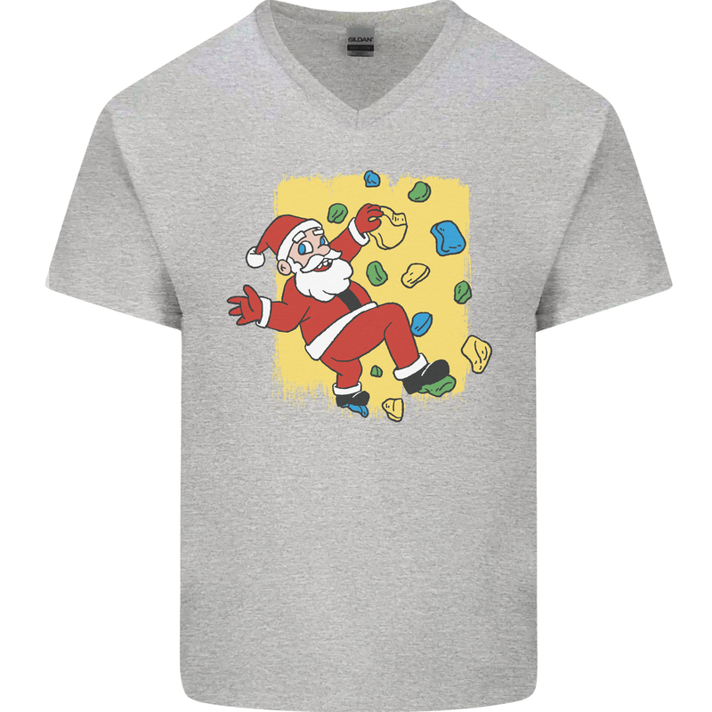 Rock Climbing Santa Funny Christmas Climber Mens V-Neck Cotton T-Shirt Sports Grey