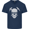 Rock Climbing Skull Mountain Climber Mens V-Neck Cotton T-Shirt Navy Blue